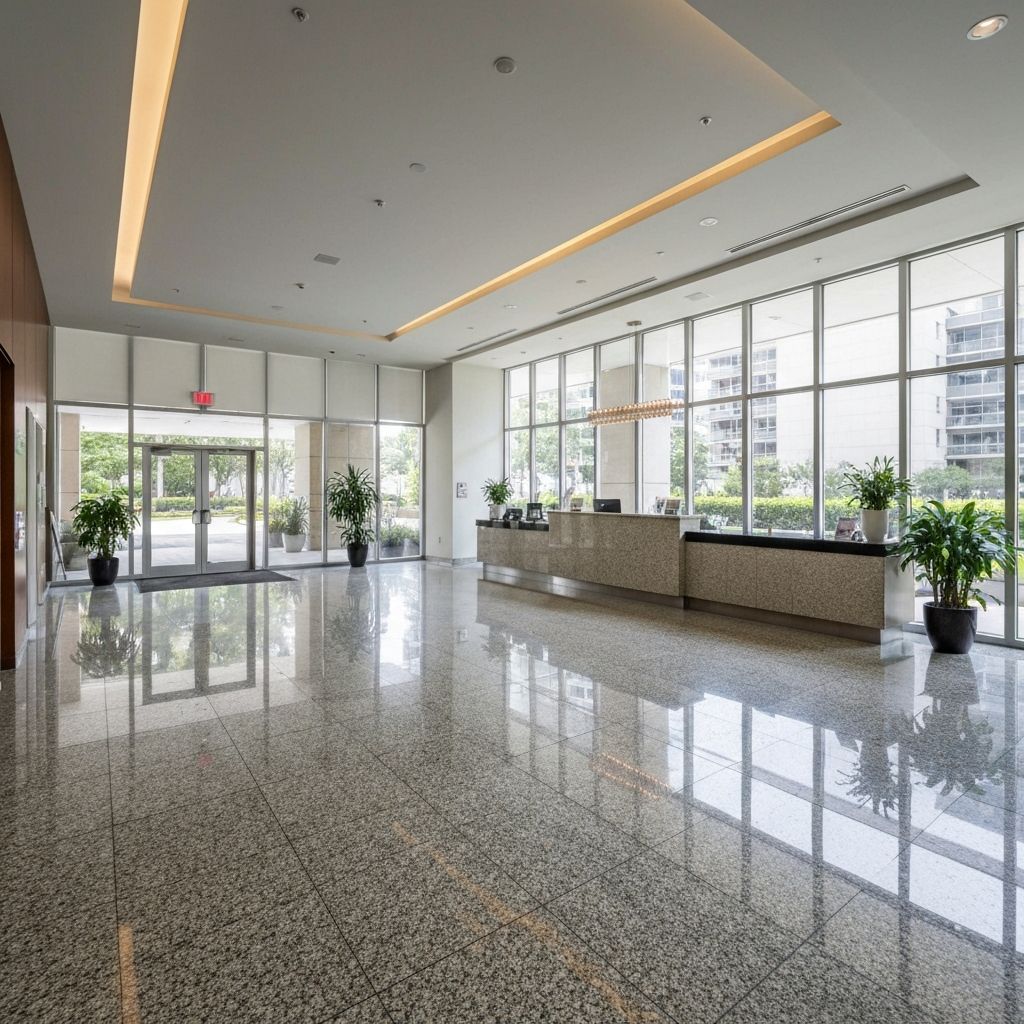 Lobby de condominio apos limpeza