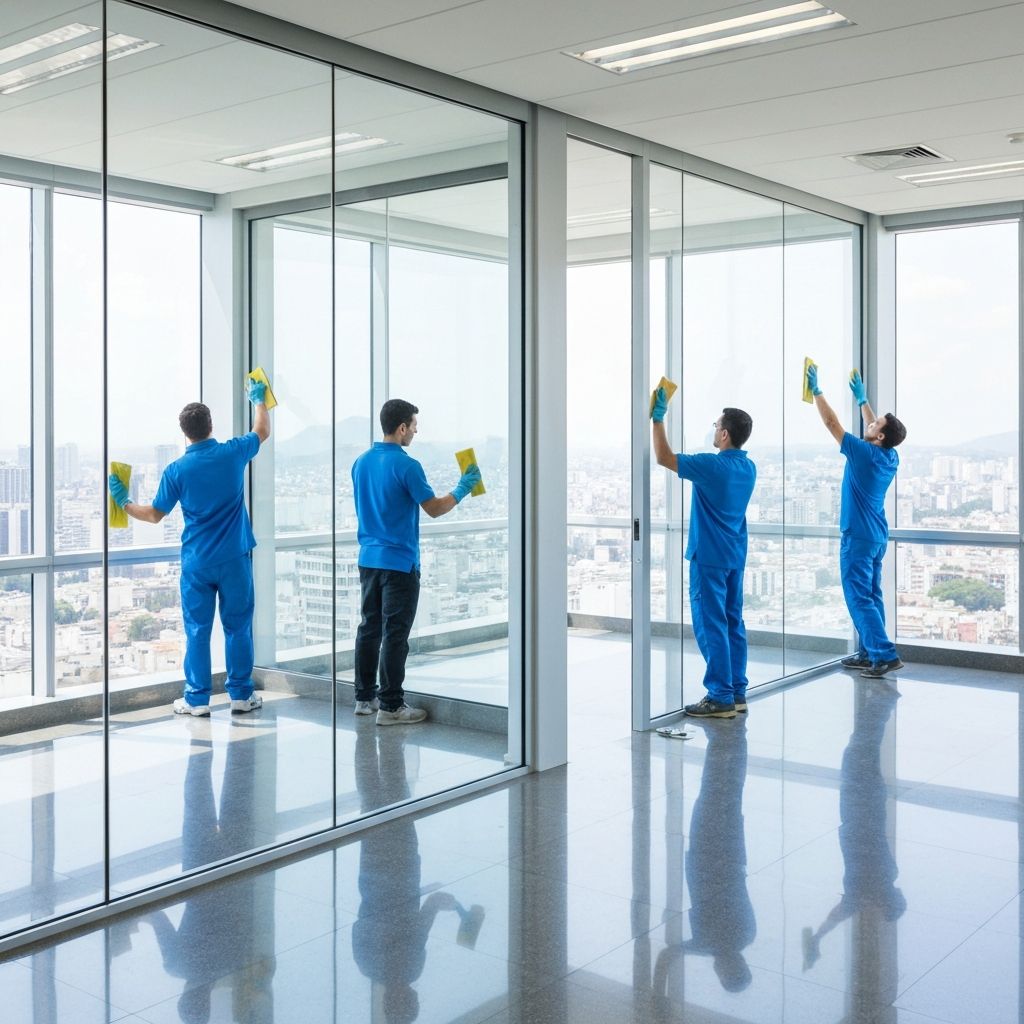 Equipe de limpeza profissional trabalhando em escritorio corporativo